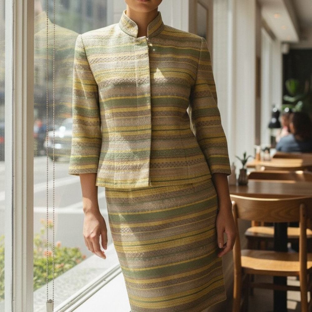 Doncaster Striped Skirt Suit Sz 2P Silk Blend Made in Italy Taupe Green Lined